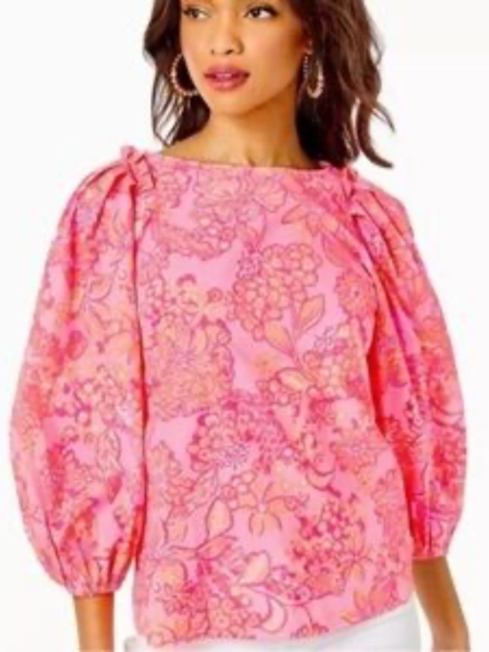 NWT Lilly Pulitzer Pink and Orange Floral Barbara Puff 3/4 Sleeve Blouse size L - Picture 3 of 7